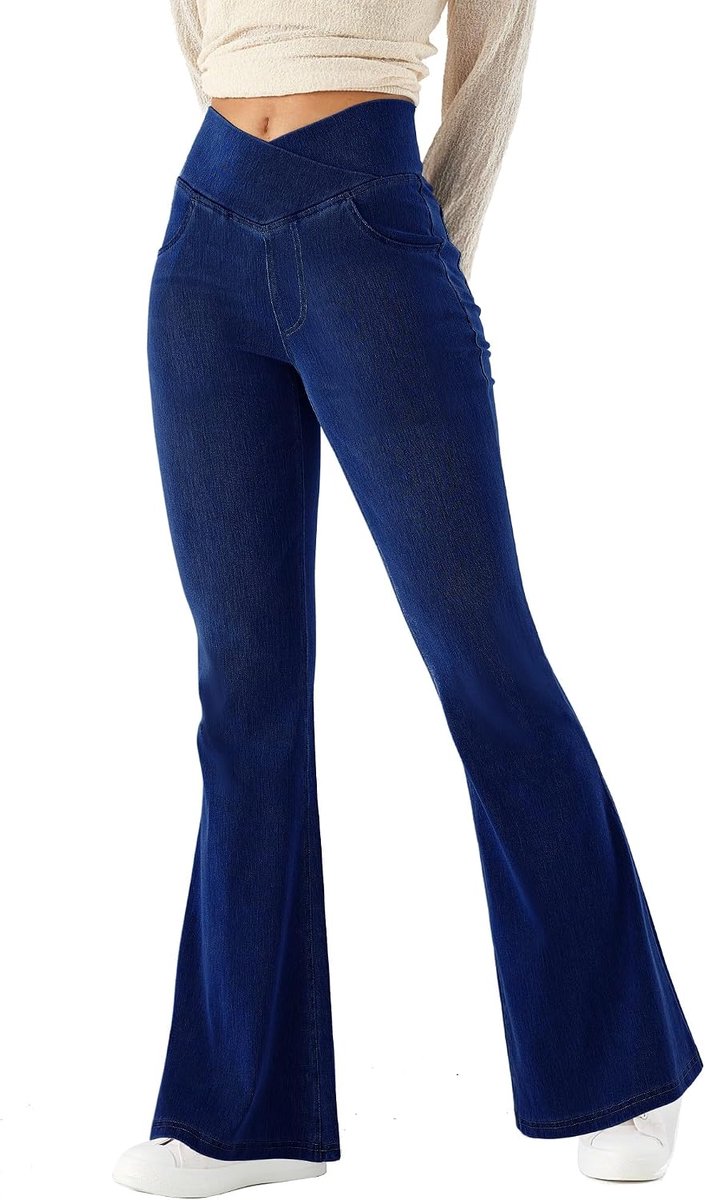 Dames Bootcut Jeans V Crossover Hoge Taille, Pull on met Buikcontrole,Casual Fitness Skinny Yoga Broeken Zachte Denim-stof met hoge elasticiteit, fitnessbroeken met zijpockets.
