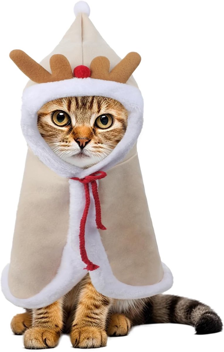 Kerstkostuum voor huisdieren, rendiercape met gewei voor honden en katten, kerstfeestoutfit voor kleine huisdieren, hondenkerstkostuum, kattenkostuum, kerstjurk voor huisdieren (beige)