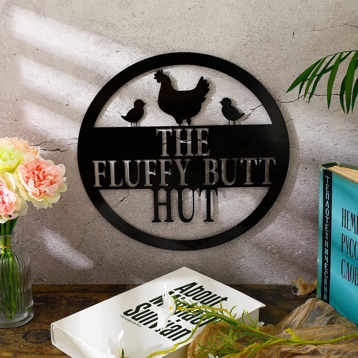Teken pluizige kont hut teken kippenhok accessoires 30 cm metalen bord grappig kippenhok decor boerderij muur decor retro vintage muurkunst teken voor thuis kippenschuur decor (zwart)