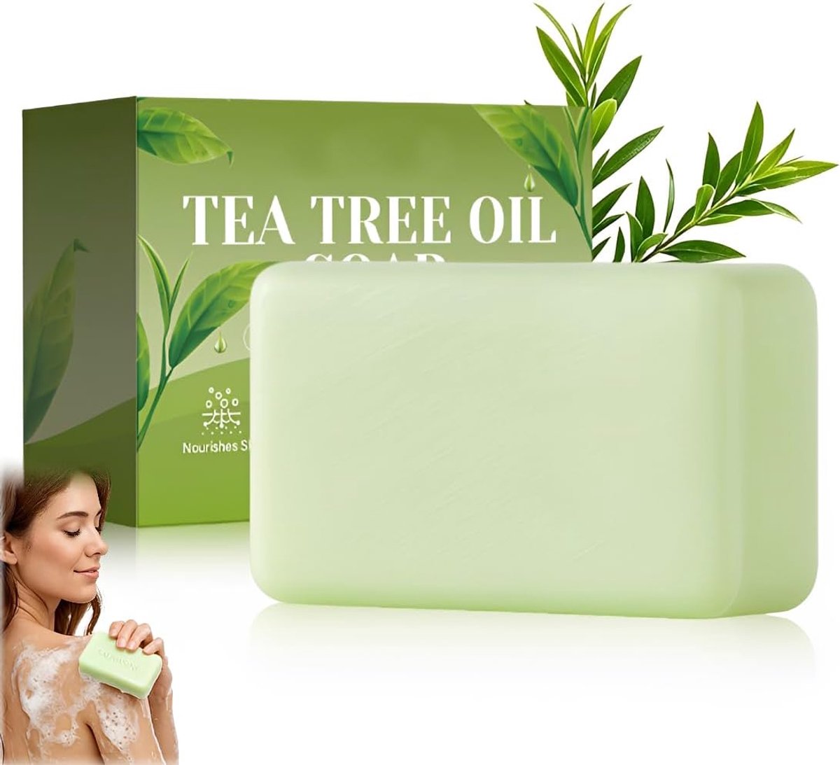 Tree zeep, natuurlijke zeep, bevat groene thee en tea tree, bamboehoutskool en munt, een stuk zeep om slechte geur te elimineren, exfoliërend, hydraterend, badzeep voor alles, 1 stuks