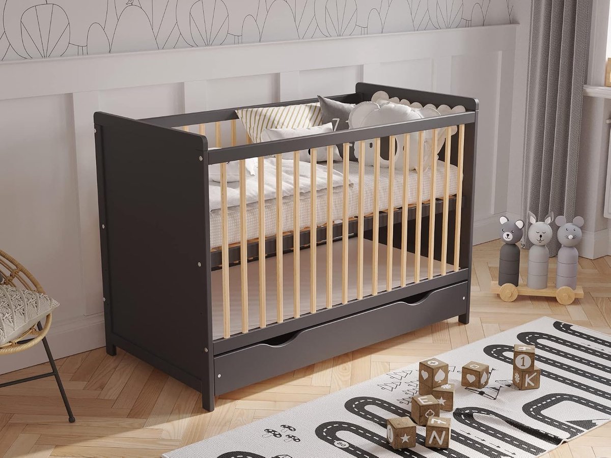 For Sleep Babybed, bijzetbed, 120 x 60 cm met schuimstofmatras met gewatteerde overtrek, antraciet-grenen, Tokyo, kinderbed, babybed, hout, kinderbed, babybed, meegroeiend ledikant, babybed