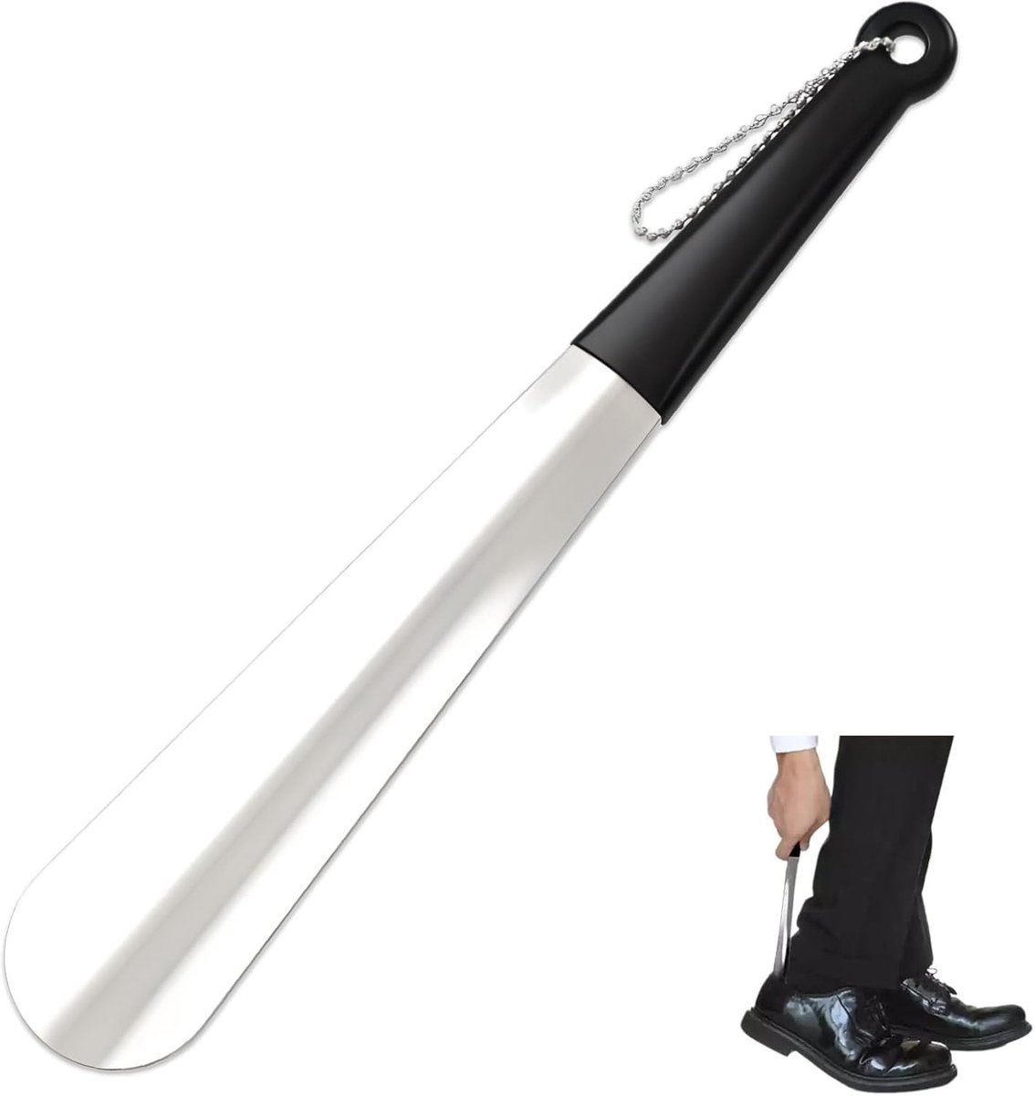 Schoenlepel lang metaal 30 cm, roestvrij staal schoenlepel met comfortabele handgreep en rubberen pad, rugvriendelijk voor senioren, mannen, vrouwen en kinderen, stabiel, duurzaam, met ophangband