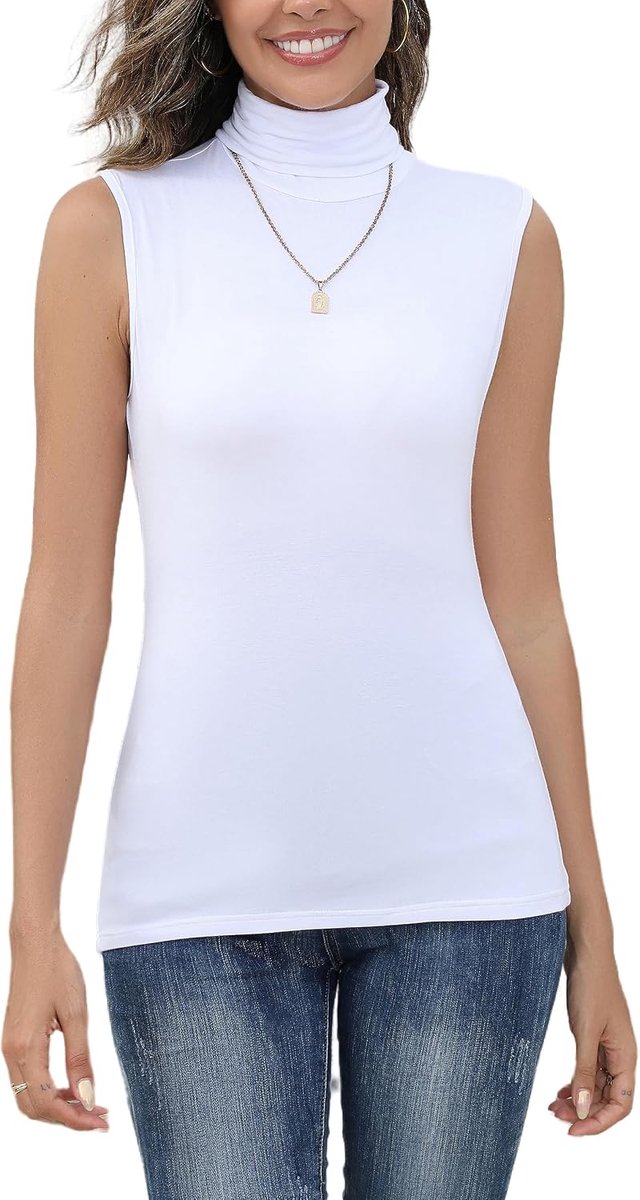 Top voor dames, elegant rolkraagshirt zonder mouwen, dun, licht, rekbaar, basic jersey vest, slim fit