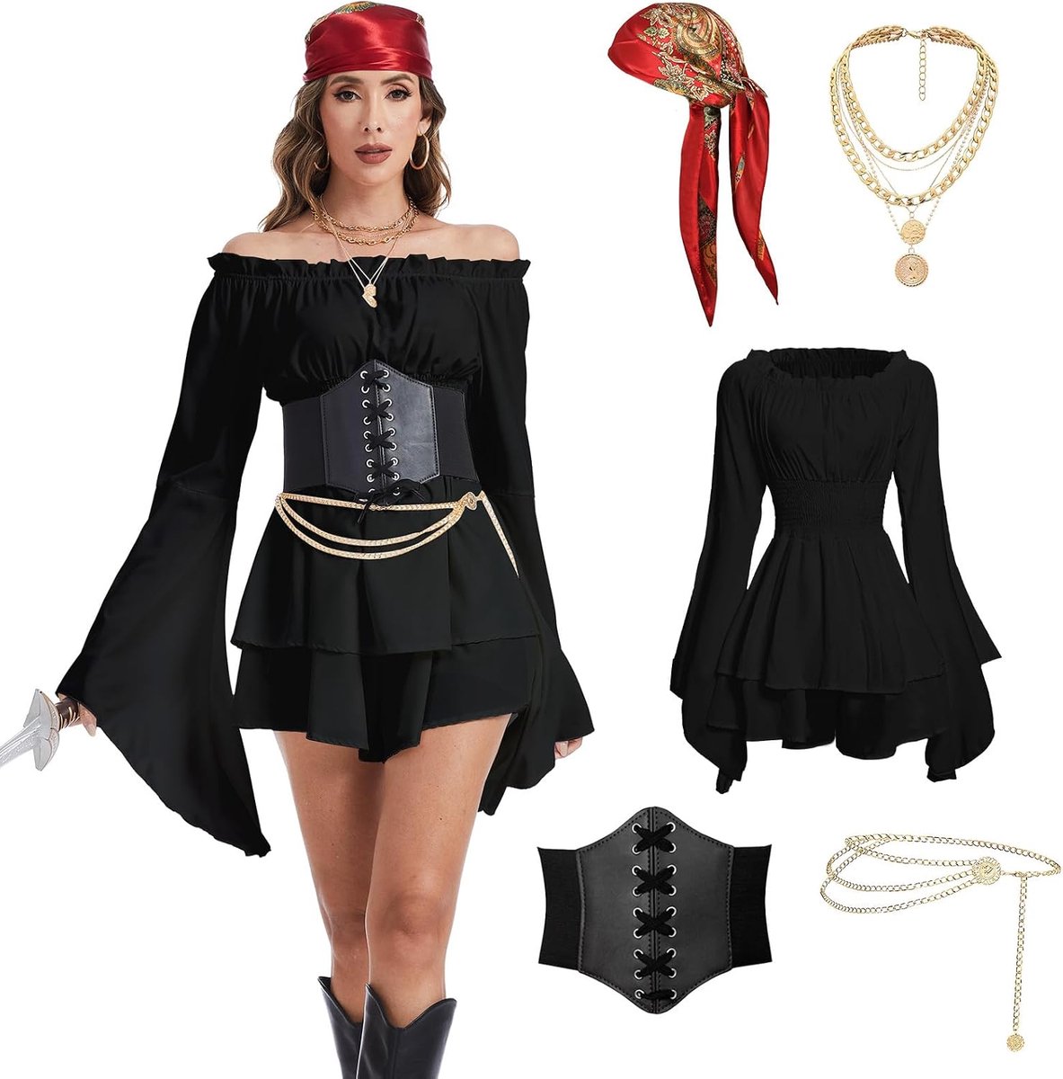 Piratenkostuum voor dames, off-shoulder witte jurk met korsetriem, hoofddoek, tailleketting en halsketting voor Halloween, carnaval en cosplay