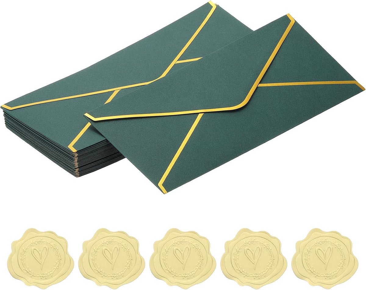 Zakelijke mailingenveloppen, 24 stuks 4,1 x 9,5 zelfzegel standaard briefformaat enveloppen met gouden rand en stickers voor kerstkaarten, donkergroen