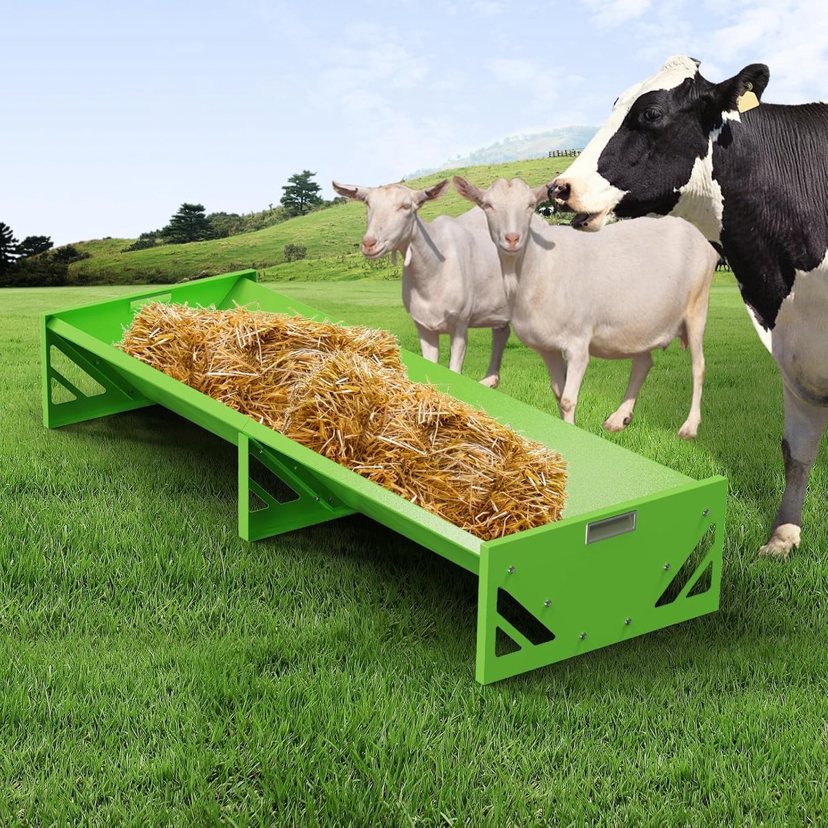 Feeder, Gegalvaniseerd Staal Livestock Feeding Trough Heavy Duty Grote Capaciteit Draagbare Livestock Feeder voor Boerderijen Alpaca's Goaten, Calves, Schepen, Paarden (Groen)