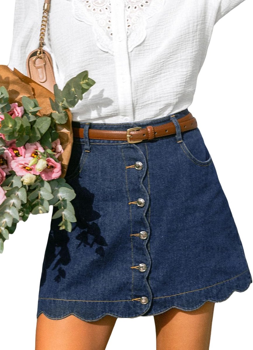Mini-jeansrok voor dames, hoge taille, gegolfde zoom, minirok, casual jeansrok met zakken