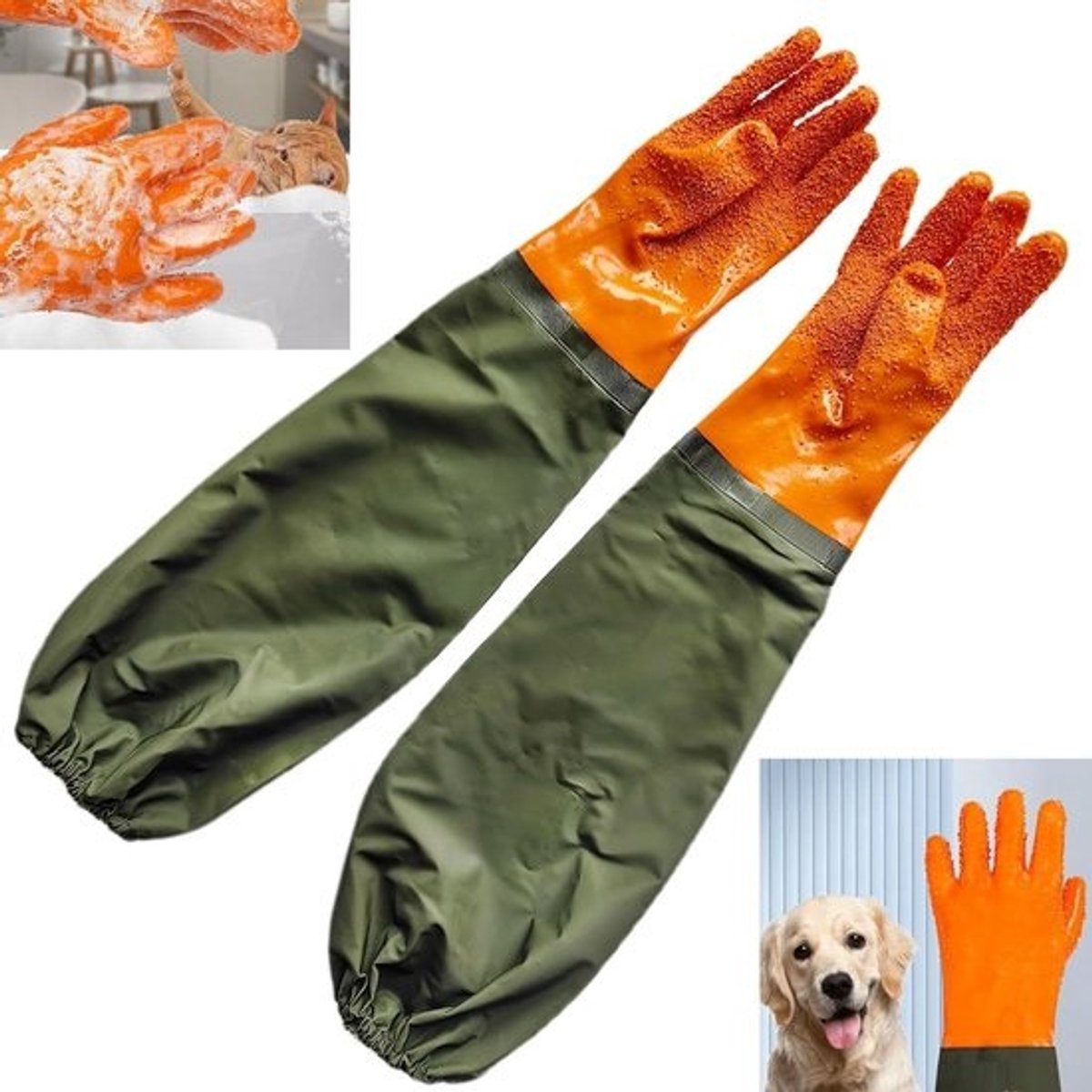 Huisdier Badhandschoen - Grooming Handschoen Vachtverzorging - Huisdier Baden - Milieuvriendelijk Siliconen - 70 cm Mouwen - Oranje
