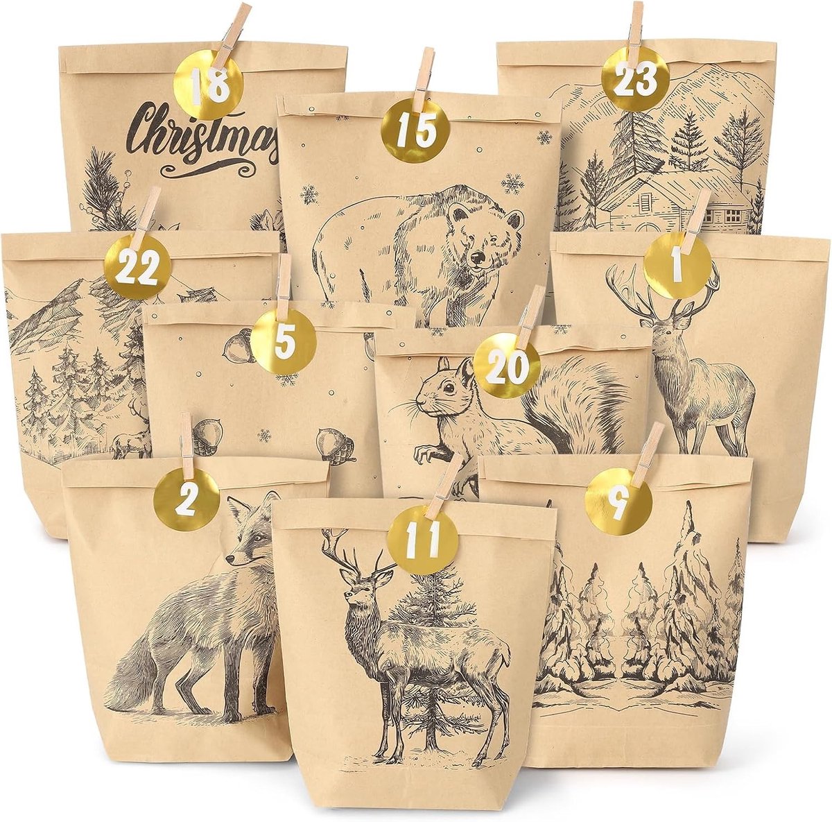 Adventskalender om te vullen - Zwart - 22 x 18,5 x 6 cm - Papieren Zakjes met Houten Klemmen en Cijferstickers - Voor Kinderen en Volwassenen