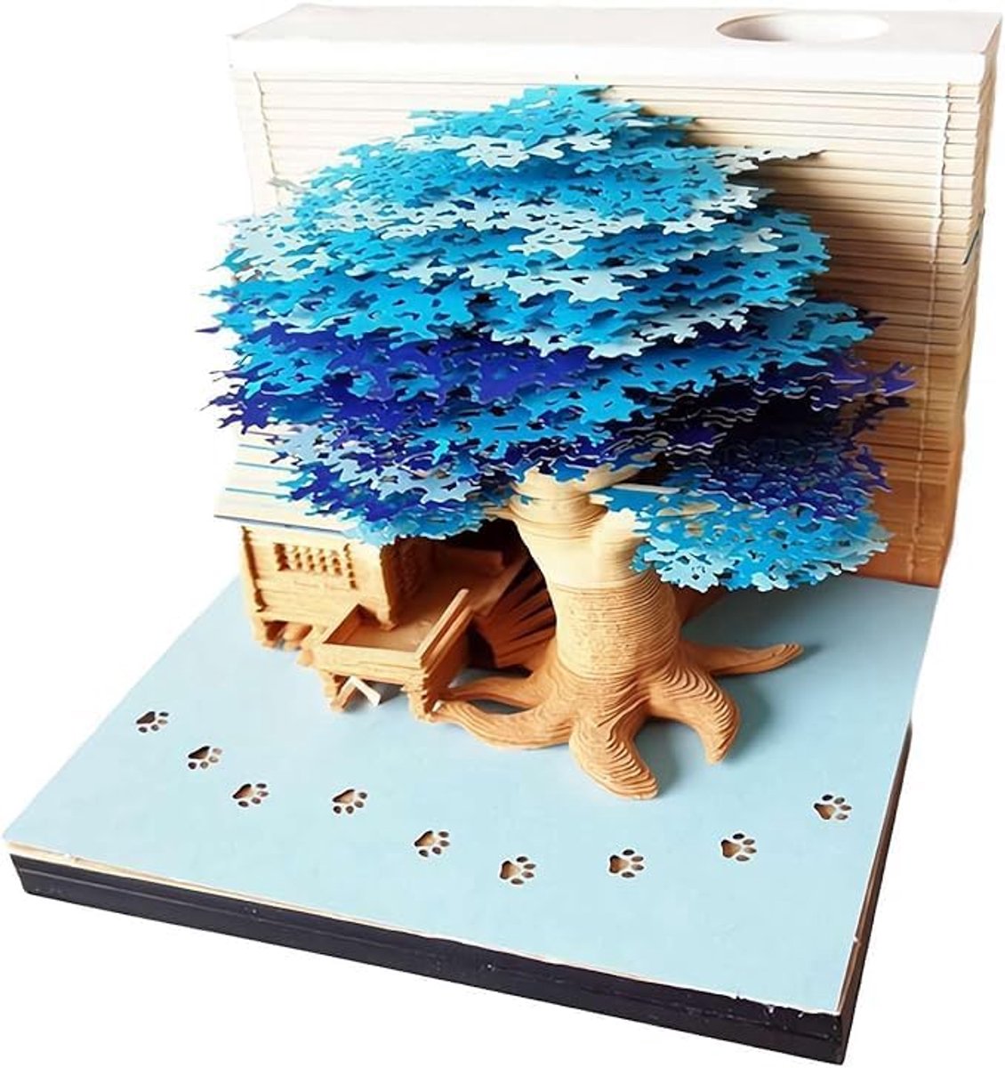 3D notitieblok, niet gelijmd, 3D boomhut (blauw) papierkunst met displaydoos glashelder, 9 x 9 x 6 cm, 260 vellen, tafeldeco