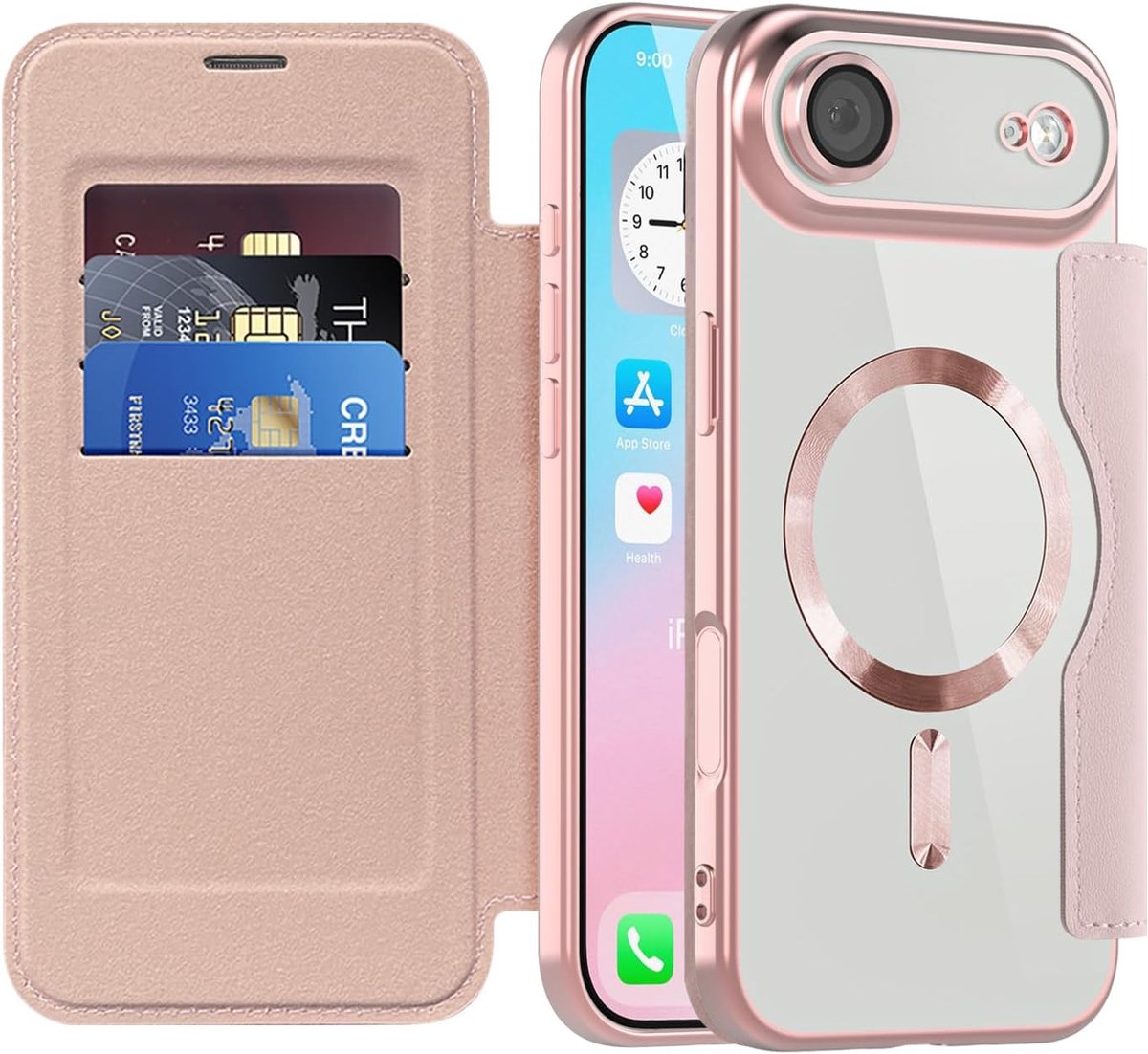 Klaphoesje voor iPhone Air / 17 Air met kaartenvak, transparant, anti-kras, leren flip telefoonhoes [draadloos opladen] met RFID-blokkering, portefeuille, hoes voor iPhone 17 Air, rosé JD