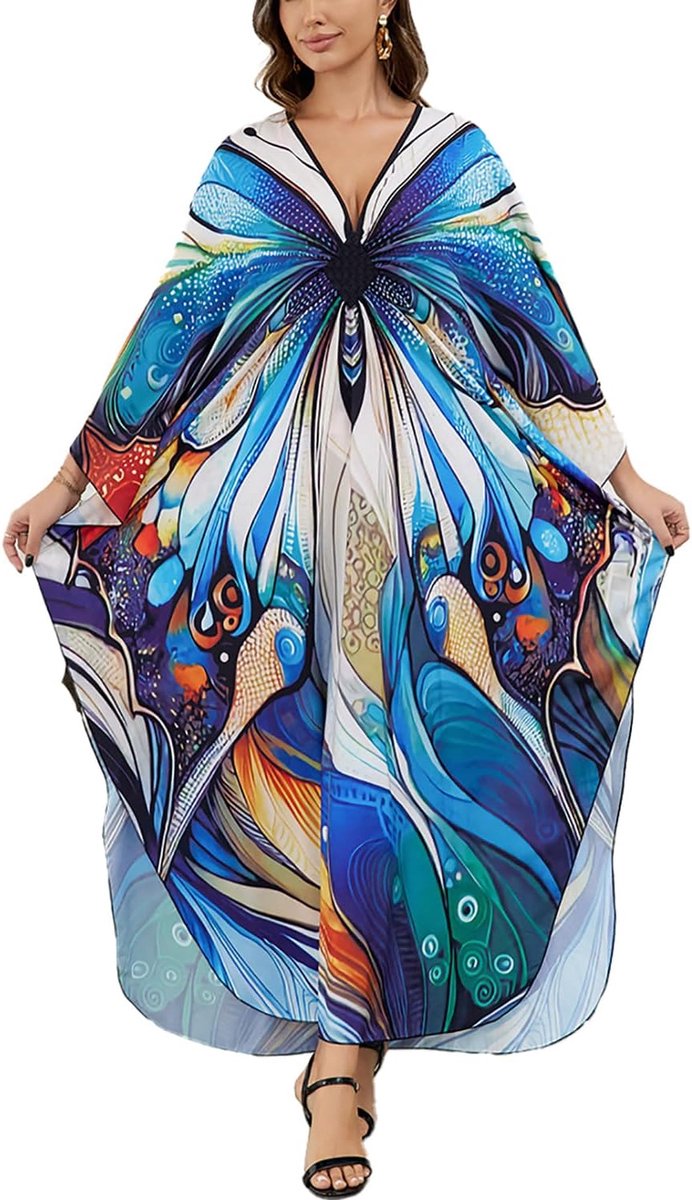 Loungewear voor dames met etnische print, nachtjapon, homewear, strandjurk, kimono, maxi-kaftan, bedekkende kleding met losse pasvorm, one size