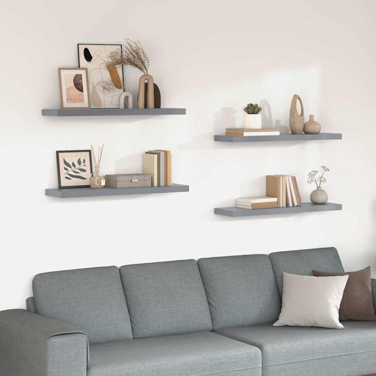 Wandrek, zwevend rek, wandrek, modern design, drijvend wandrek, rek voor kinderkamer, 4 stuks, grijs, 90 x 23,5 x 3,8 cm, van MDF