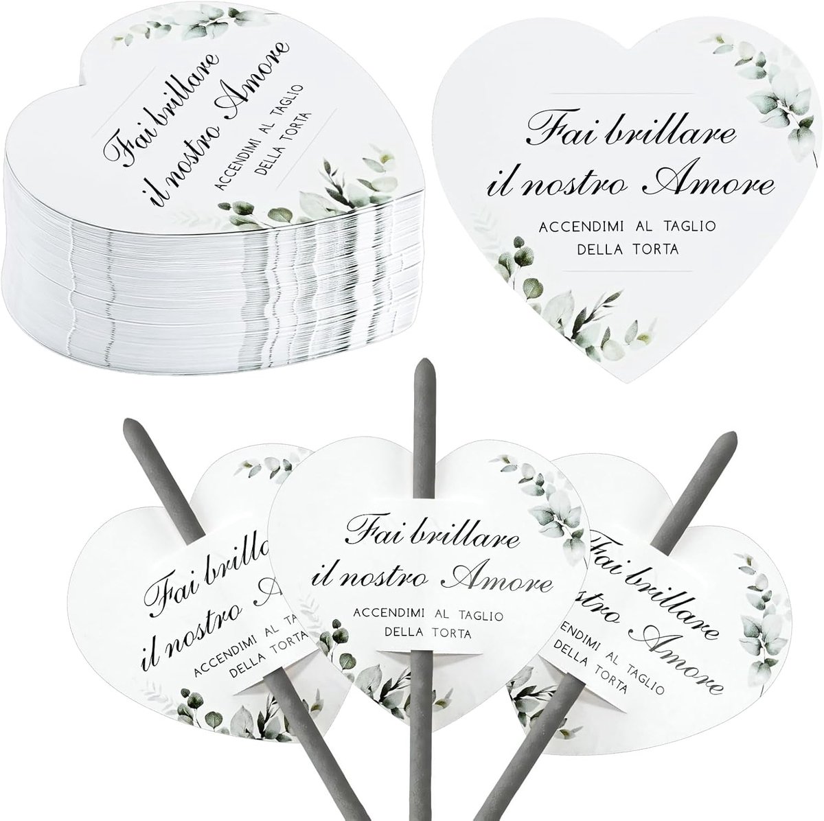 100 stuks grote hartkaarten, 8 x 7,8 cm, decoratieve kaarten met eucalyptusbladeren, zwart-goud-wit design, decoratie voor bruiloft, jubileum, verloving en feest, geschikt voor lichtstaafjes