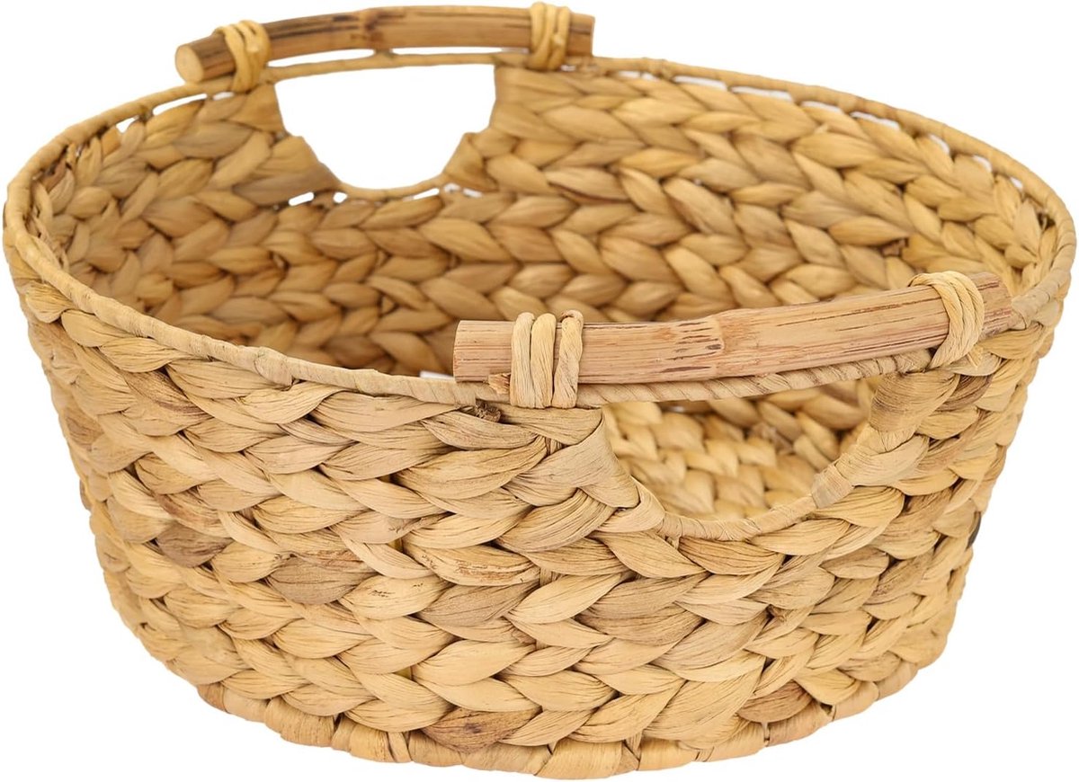 Opbergmand, ronde geschenkmand, leeg, gevlochten waterhyacint met houten handgrepen, 30 x 12 cm