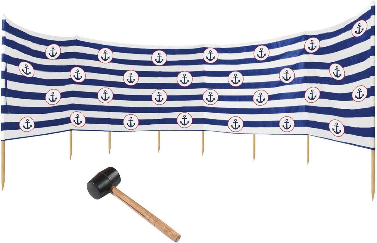Windscherm, 10 m lang, inkijkbescherming voor strand, tuin, meer, zee, windbescherming, inkijkbescherming + rubberen hamer, blauw-witte strepen, anker [120]