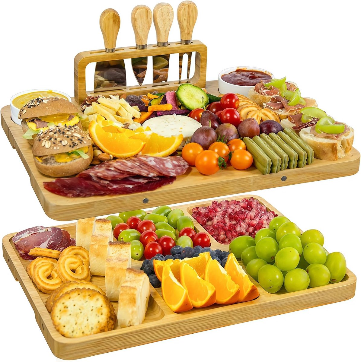 Bamboe Charcuterie Boards Set (40CM X 30CM X 2CM) Kaasplank & Schotel Tray Accessoires met Messen voor Entertaining | Bruiloft, Bruids Douche & Housewarming Geschenken voor Vrouwen en Koppels
