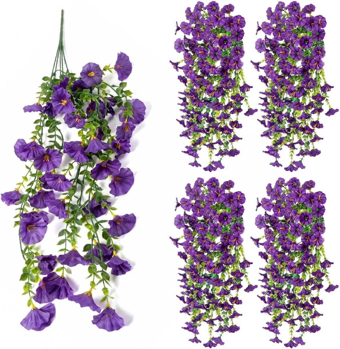 Kunsthangplanten & balkonplanten set - 4 UV-bestendige prikkers, (75 cm), met afneembare bloemen voor buiten (4 paars)