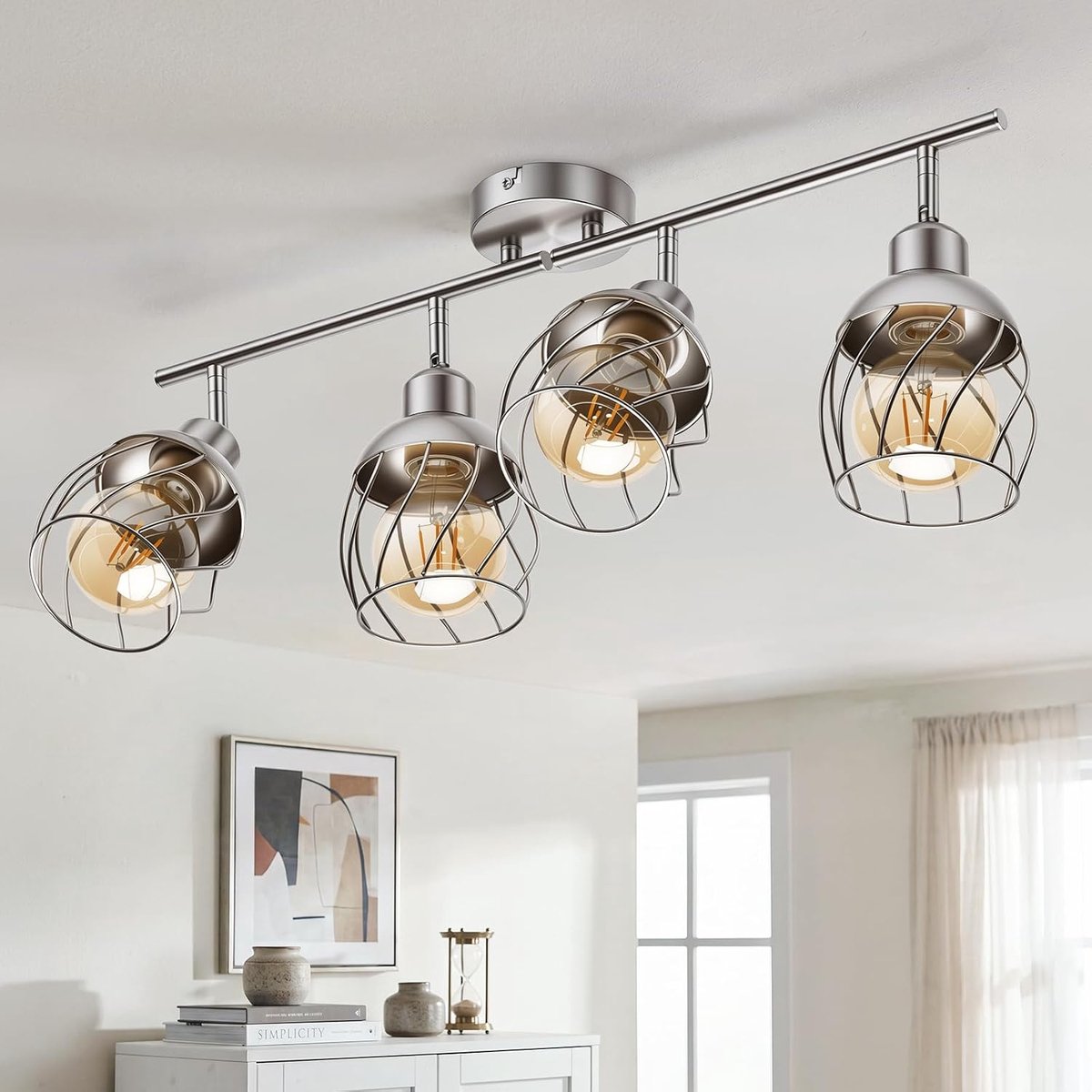 Binnenverlichting, kroonluchter, keuken, plafondlamp, 4 draaibare led-spots, industrieel, nikkel, metaal, kroonluchter, eetkamer, voor slaapkamer, woonkamer, hal (zonder lamp)