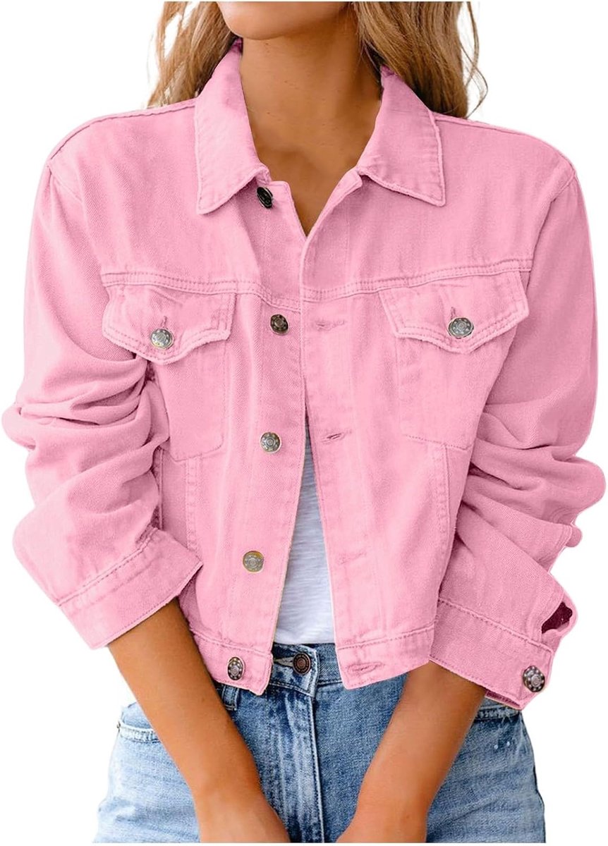 Dames revers met knopen, lange mouwen, zakken, denim, overhemd, jeansjas, tienermeisjes, jas (M)