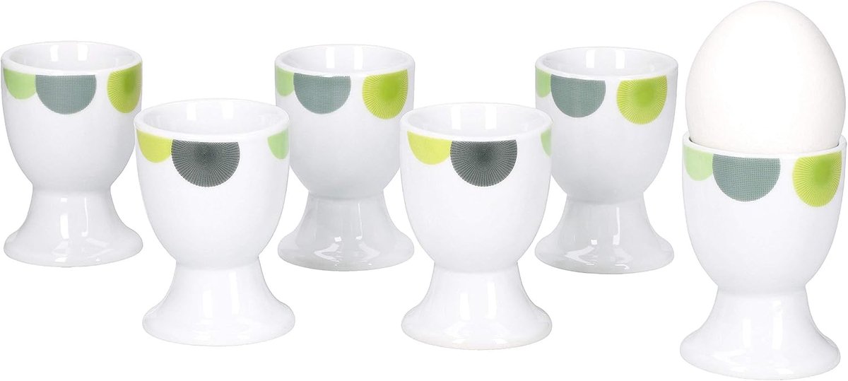Well Rondo | Set van 6 eierdopjes rond | beker Ø 5 cm | hoge eierstandaard | Egg Cup | abstracte retro cirkel groen-geel | edel porseleinen servies