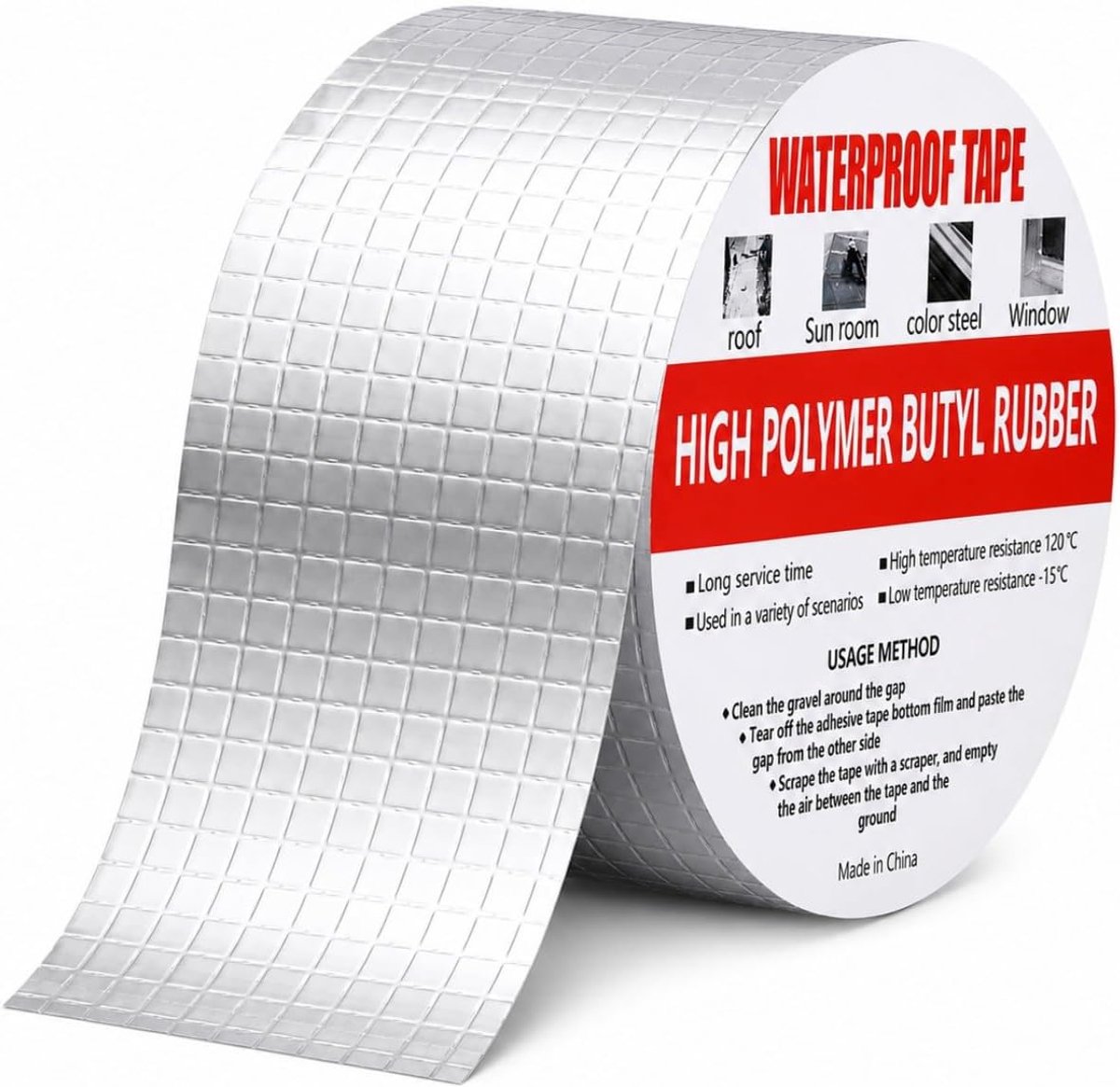 Butyltape met aluminiumfolie, waterdichte tape voor dakreparatie, buidichting, scheurvulling, UV- en hoge temperatuurbestendigheid, 5 cm x 5 m, 1 mm dik