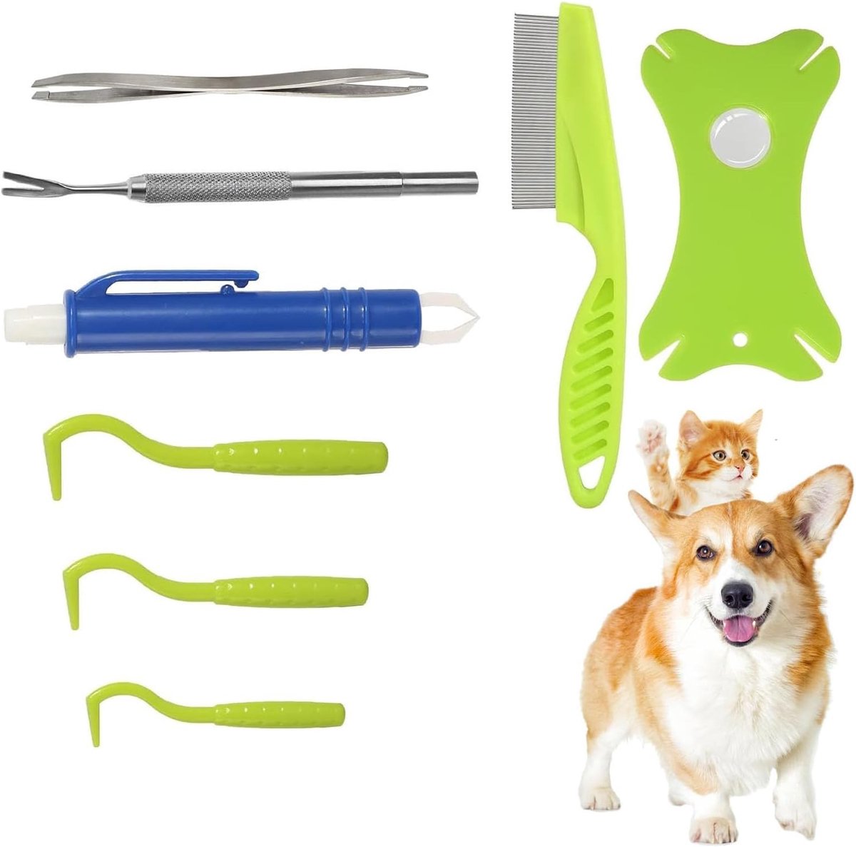 Tekenverwijderingsgereedschapset 8-in-1 voor honden en katten met opbergdoos, effectief, veilig en eenvoudig, roestvrij staal, metaal, vlooienkam en tekenpincet, met vergrootglas voor mens en huisdier