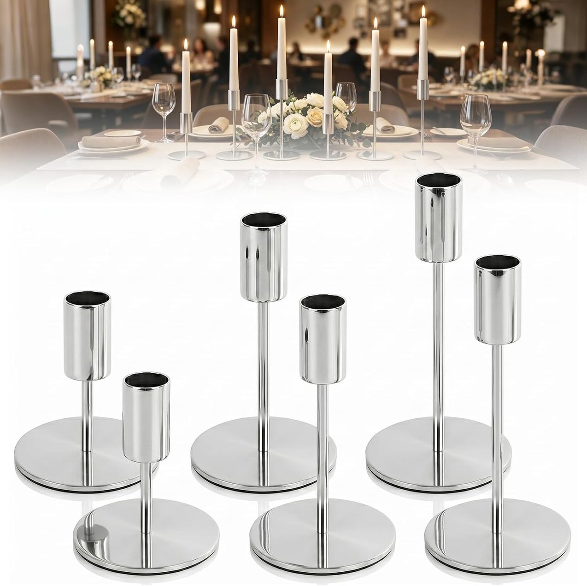 zilver, 6 stuks, staafkaarsenhouder, kandelaar, kaarsenhouder voor feest, bruiloft, decoratie, tafel, verjaardag, diner, kandelaar, vintage decoratie