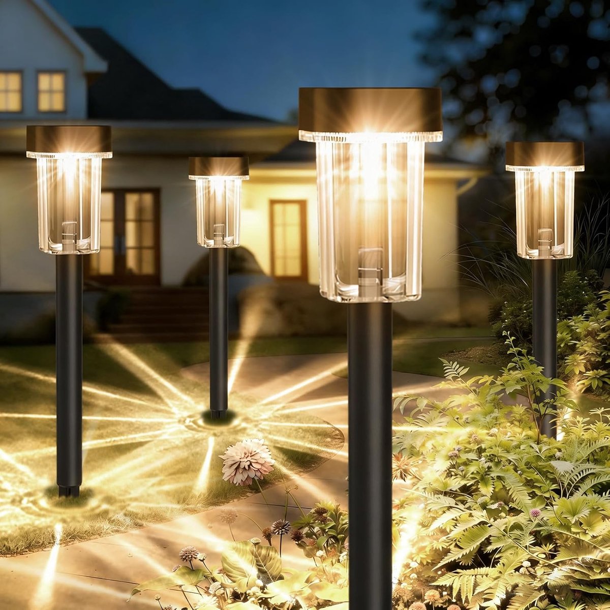 Solar Tuinverlichting, 4 Stuks Warmwit LED Tuinlampen, IP65 Waterdicht, voor Gazon, Paden en Oprit