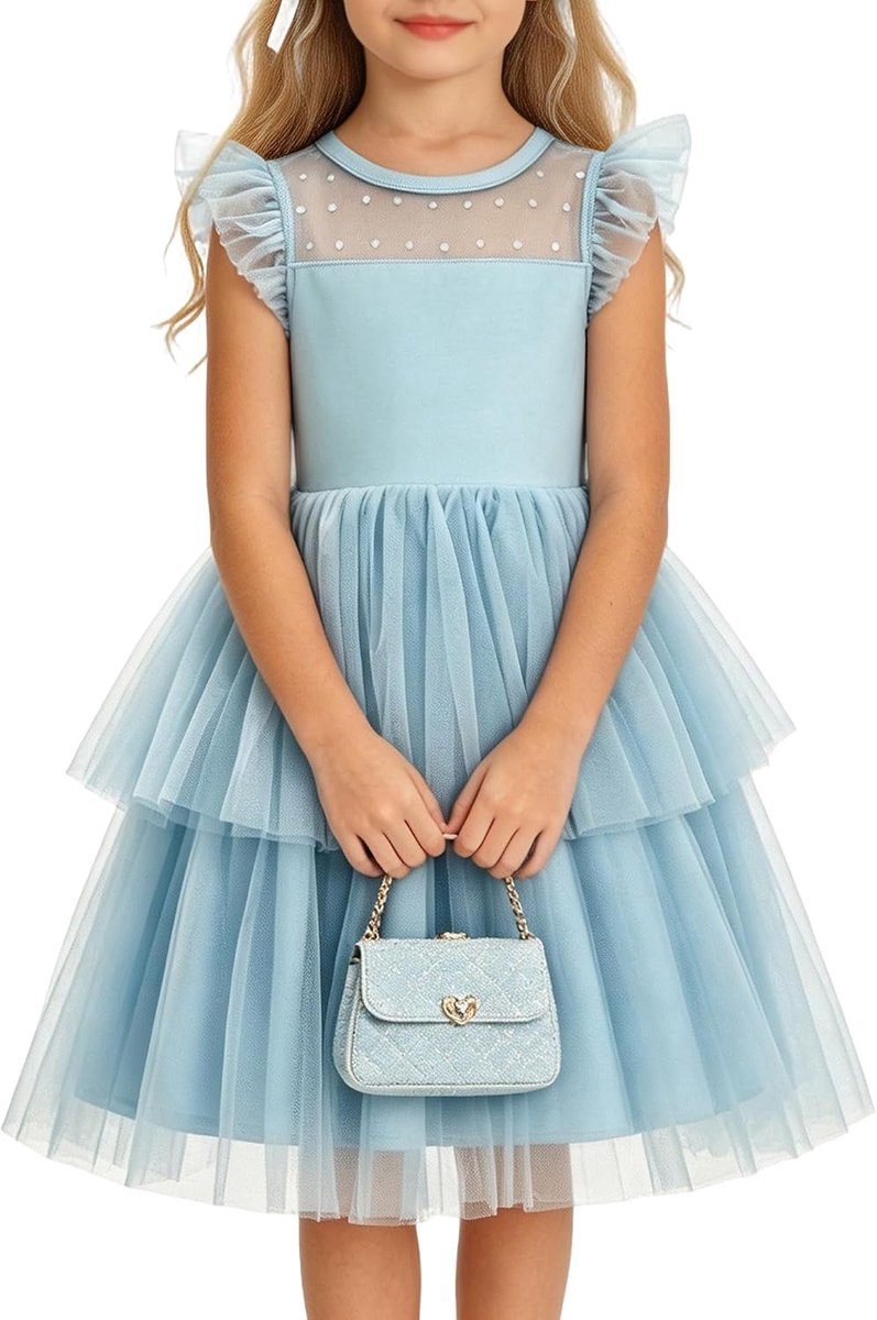 Jurk voor meisjes, zomer, ruches, prinsessenjurk, elegant, A-lijn, feestjurk, casual, kinderen, ronde hals, effen, verjaardagsjurk, casual, bruiloft
