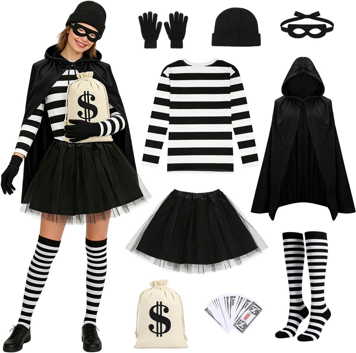Roverskostuum voor dames, roverkostuum met gestreept bovendeel, masker, gebreide muts, handschoenen, portemonnee, cape, rok, kniekousen, kostuum, dief, misdadiger voor dames, carnaval, cosplay
