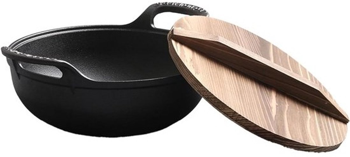 Gietijzeren Wokpan - Roerbakpan Wok - Gezond Koken - Natuurlijk Anti-aanbak - 32 cm - Zwart