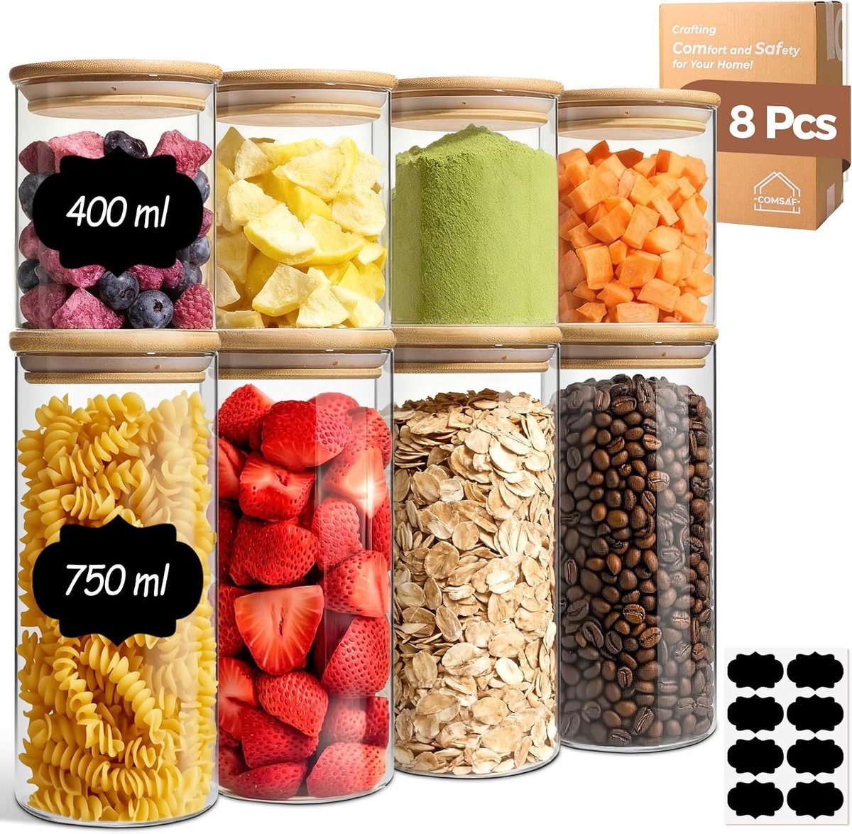 Rijst dispenser - Transparant - 4x400 ml en 4x750 ml - Glazen voorraadpotten met bamboedeksel - Voor droge levensmiddelen