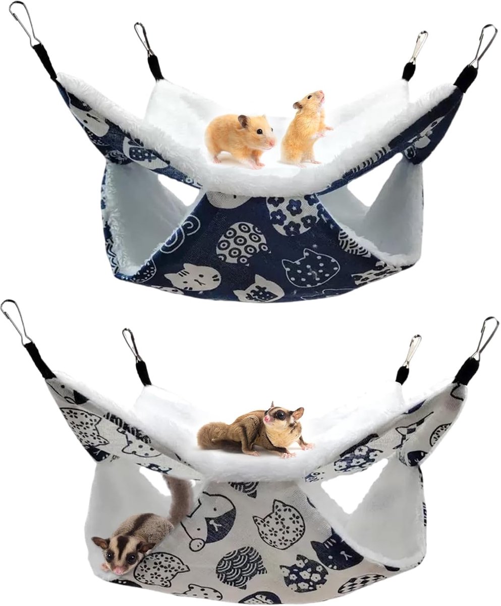 Hangmat, 2 stuks hangmatten voor kleine dieren, dubbeldekkers, zachte pluche ratten hangmatten met metalen haak, voor hamsters fretten eekhoorns suikervliegers (30 × 30 cm/wit + blauw)