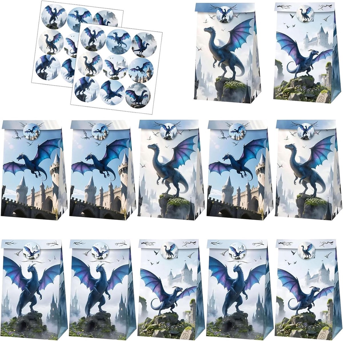 12 stuks drakenfeestzakjes met 18 stickers, drakenfeestzakjes, snoepzakjes, cadeauzakjes voor kinderverjaardag, voor drakenfeestaccessoires, fantasie-decoratie voor kinderverjaardag
