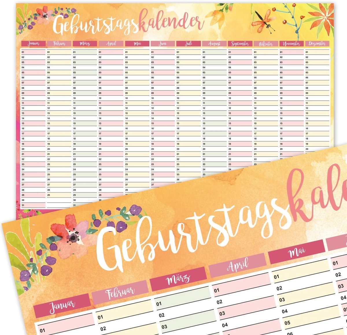Verjaardagskalender met bloemenmotief, DIN A3, jaaronafhankelijk, permanente kalender voor meisjes, vrouwen, WG, de hele familie, dv432