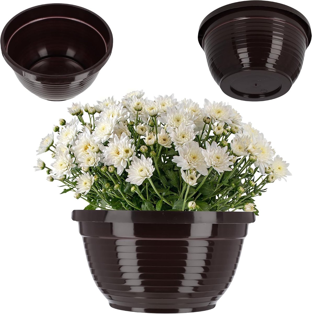 Schaal van kunststof, ronde bloemschaal, weerbestendige plantenbak voor buiten, grafschaal, lichtgewicht bolvormige schaal voor bloemen, plantenbak (⌀ 13 cm, bruin)