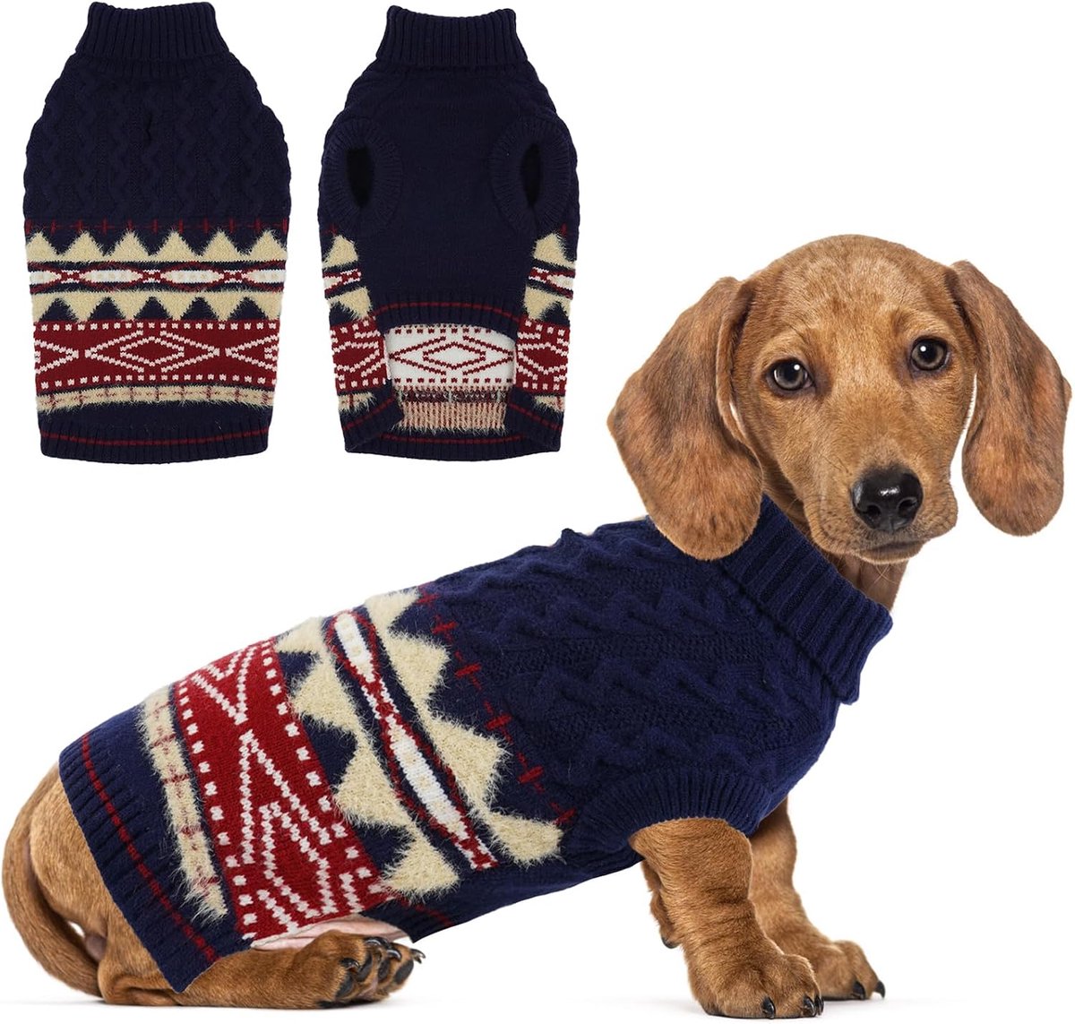 Hondentrui kleine honden - Fair Isle pullover hond met harnasopening, kersttrui, elastische hondentrui, wintertrui voor Bichon Frise, teckel, marineblauw, M