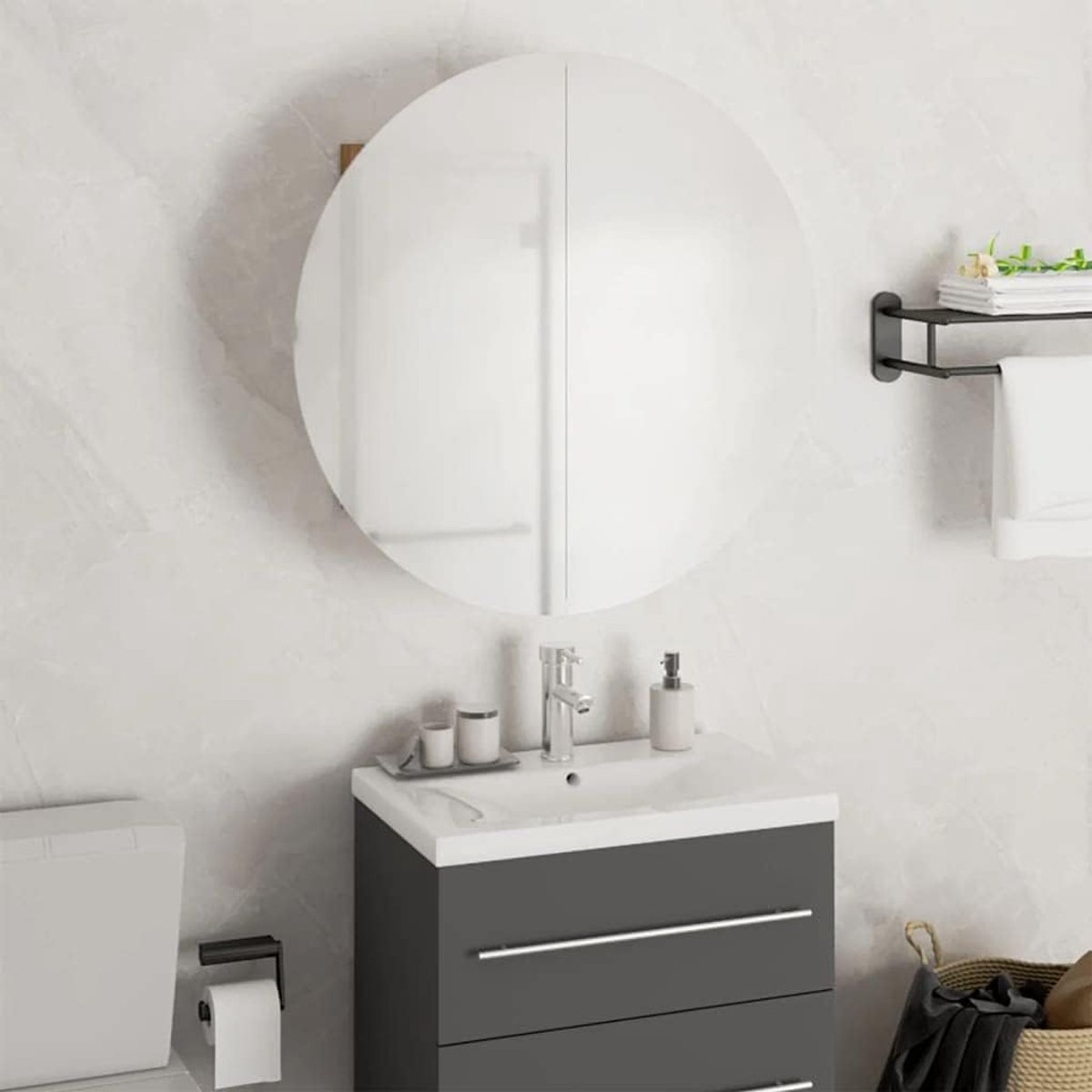 Led-badkamerkast met ronde spiegel en eiken-look, wandmontage, kast met verlichting en USB-aansluiting, opbergruimte badkamermeubel