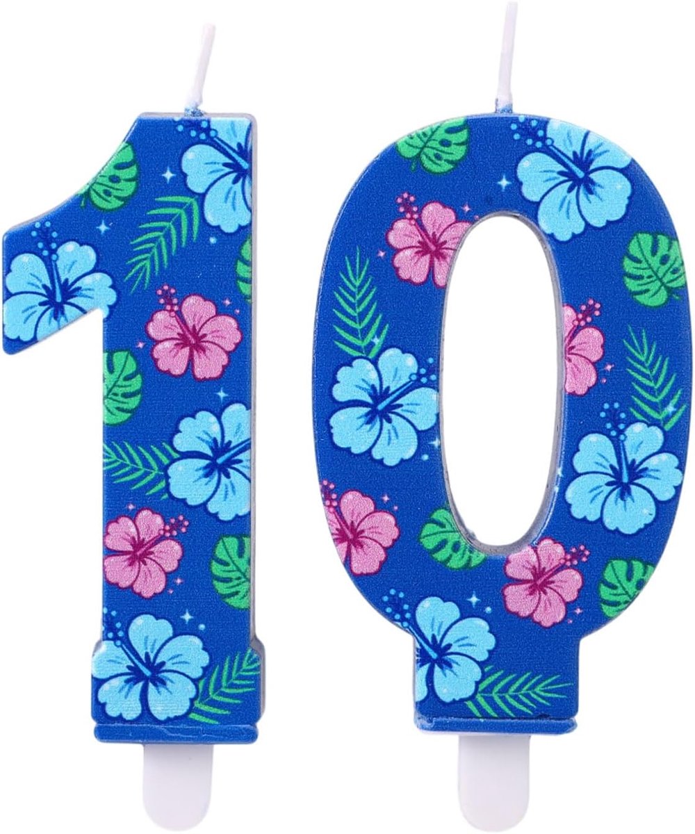 Verjaardagskaars met Cijfer, Taarttopper met Hawaïaans Thema en Bloemenmotief voor Kinderen Jongens en Meisjes Feestdecoratie (Cijfer 10)