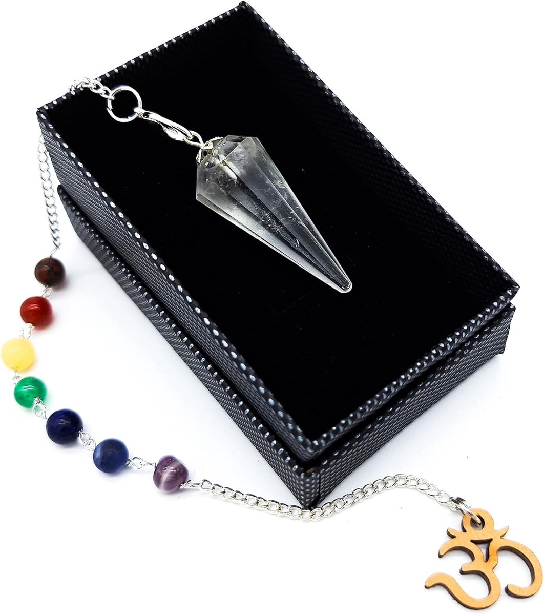 Slinger bergkristal 7 chakra edelstenen mantra om aum symbool in juwelendoosje | metafysica esoterische hekserij