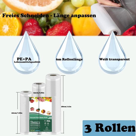 3 rollen, BPA-vrij, professionele folierollen voor vacumeermachines en levensmiddelen; geschikt voor vacuümverpakkers en folielasapparaten (28/25/20 x 600 cm) — afbeelding 2