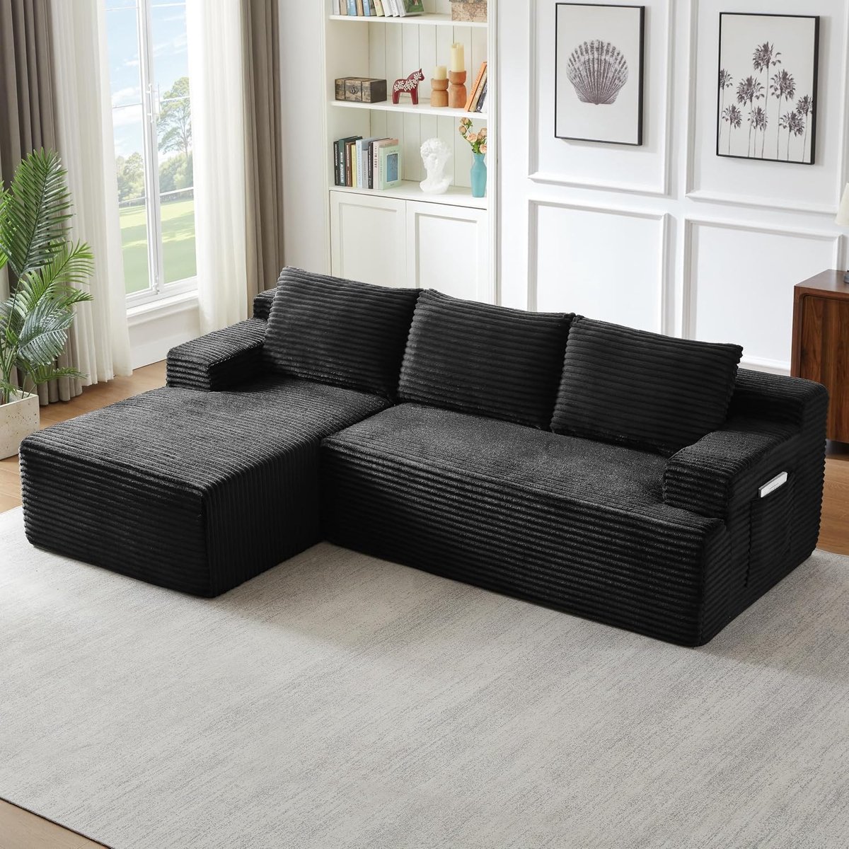 L-vormige hoekbank met slaapfunctie, boneless bank, corduroy stof