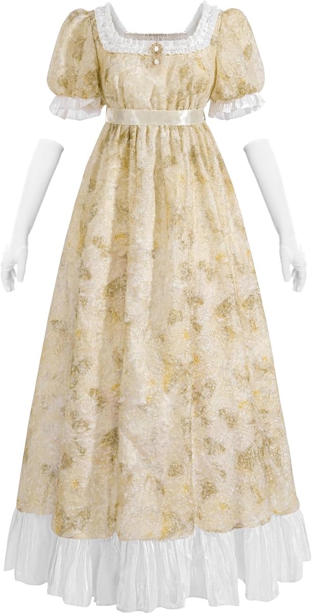 Regency jurk geel Victoriaanse jurk Jane Austen lange vintage jurken Empire baljurk met handschoenen Empire Taille