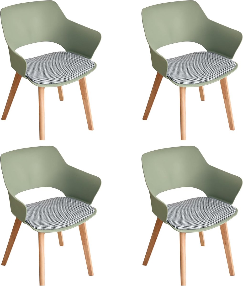 Bureaustoelen met poten van massief hout, op maat gesneden, met armleuningen, gevoerde stoel van stof, groen