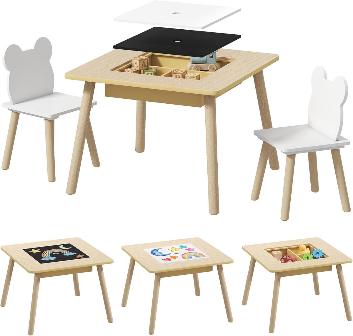 Kindertafel met 2 stoelen, kinderzitgroep met opbergruimte, dubbelzijdig tafelblad, tekentafel & knutseltafel & activiteit voor kinderkamer, voor kinderen van 3-6 jaar, natuurlijk hout