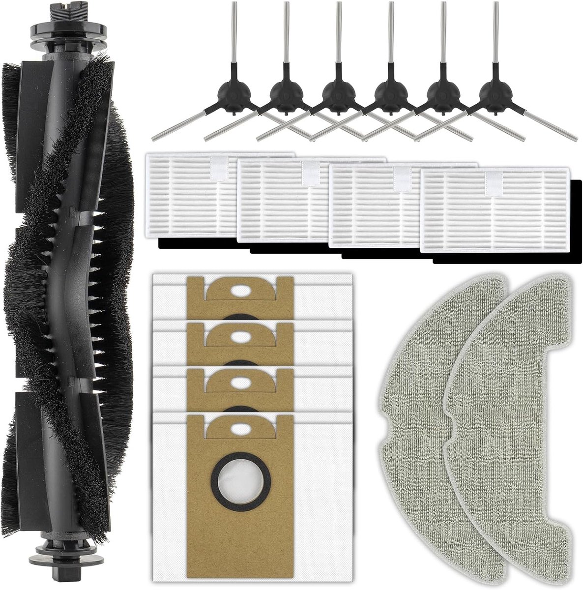 (17 Stuks) W11-vervangingsonderdelen Compatibel met Vexilar W11-robotstofzuiger, 1 Rolborstel, 6 Zijborstels, 4 HEPA-Filters met Schuimfilters, 2 Dweilpads, 4 Stofzakken, Accessoirekit
