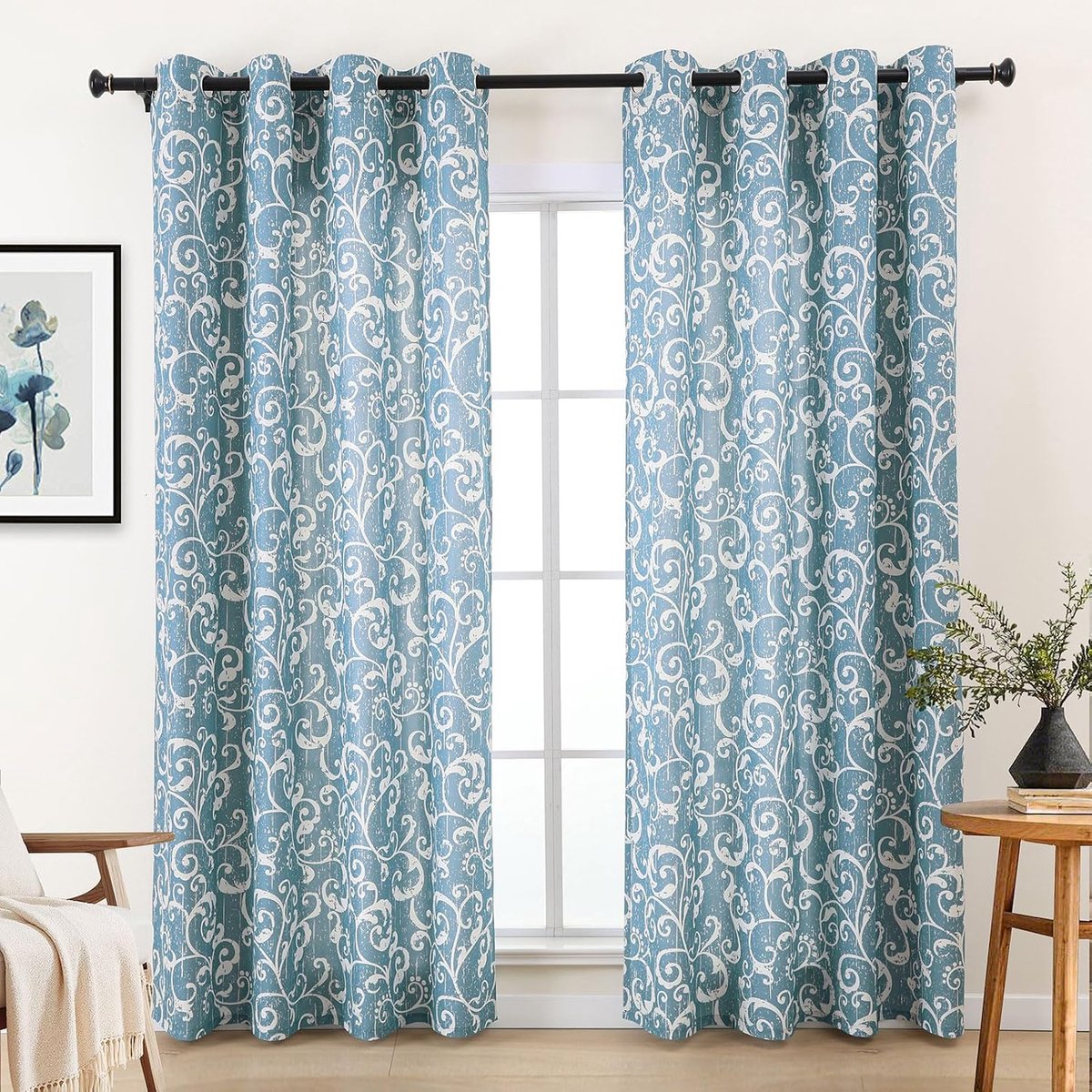 Gordijnen blauw, inkijkbescherming, 70%-80% lichtdoorlatend, gordijn voor woonkamer, slaapkamer, keuken, dun bedrukt gordijn met inslagringen, set van 2 gordijnen met inslagringen, 145 cm lengte