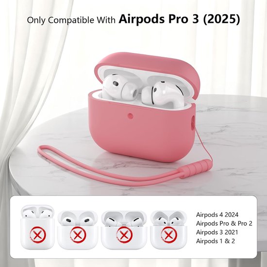 hoes compatibel met AirPods Pro 3e generatie, rondom bescherming, siliconen beschermhoes voor AirPods Pro 3 met trekkoord, zichtbare led aan de voorkant, roze (Bean Pink) — afbeelding 2