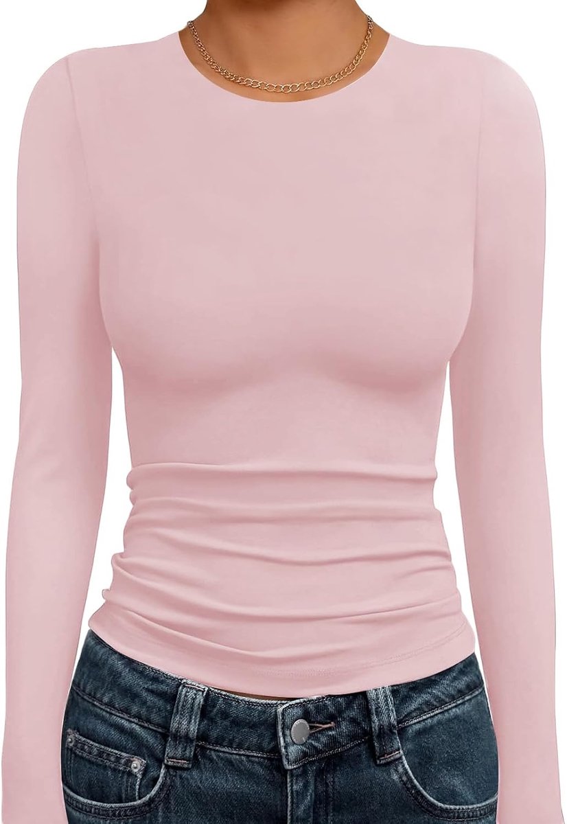 Shirt met lange mouwen voor dames, elegante ronde hals, nauwe gebreide trui voor dames, geribbeld, warm houden, basic effen top met lange mouwen
